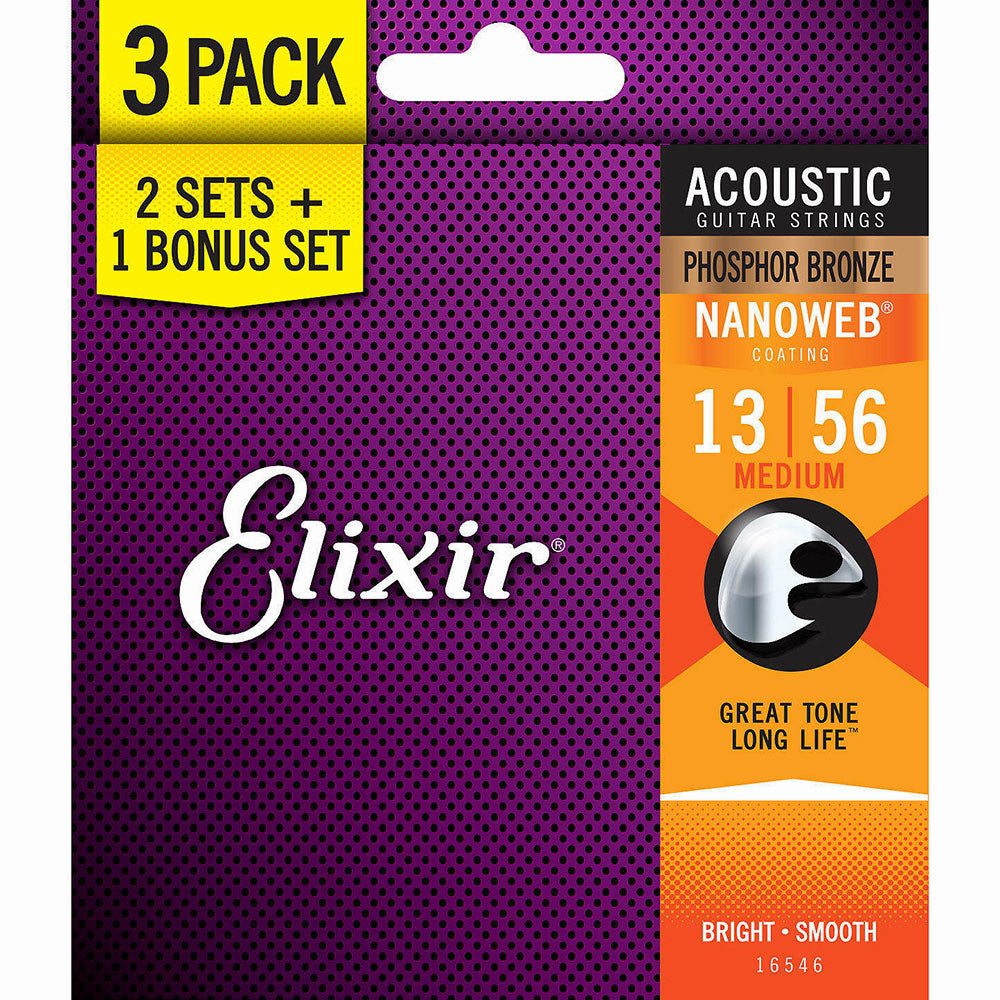 Elixir Phosphor Bronze Acoustic Guitar Strings 3-Pack